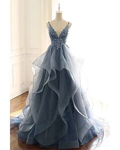 Ocean Whisper – Smoky Blue Ruffled Gown