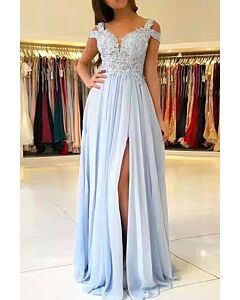 Frozen Elegance – Sky Blue Off-Shoulder Gown with Flowing Chiffon
