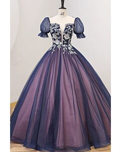 Midnight Amethyst — Puff-Sleeve Embroidered Ball Gown