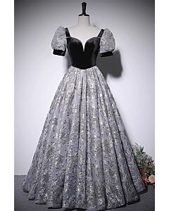 Midnight Pewter Bloom — Velvet-Bodice Princess Dress