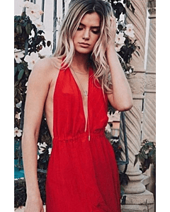 Alissa Violet Red Halter Plunging V-neck Backless Formal Prom Celebrity Dress with Slit