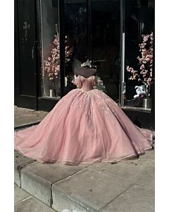 Aurora Blush – Pink Off-Shoulder Ball Gown with Sparkle Embroidery