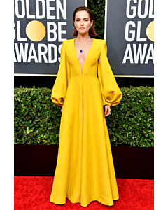 Zoey Deutch Yellow Plunging V-neck Long-sleeve Jumpsuit Golden Globes 2020
