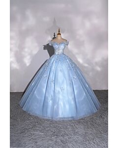 Cinderella Dream – Ice Blue Off-Shoulder Ball Gown with Floral Appliqués