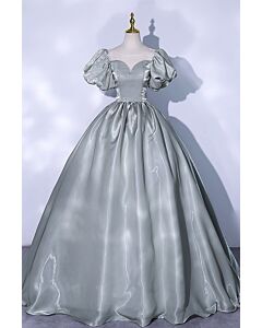 Sage Moonlight — Puff-Sleeve Satin Ball Gown