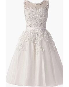 Snow Petal Tea-Length — Floral Appliqué Bridal Dress