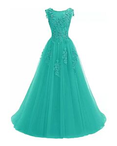 Turquoise Reverie — Floral-Bodice Evening Gown