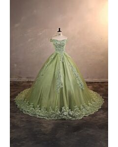 Enchanted Sage – Off-Shoulder Green Princess Gown with Lace Appliqué