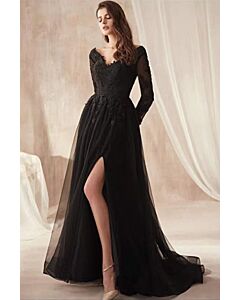 Black Swan Elegance — Long-Sleeve Chiffon Gown