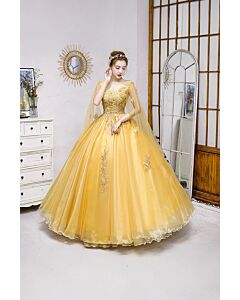 Golden Enchantress – Embroidered Tulle Ball Gown with Cape Sleeves