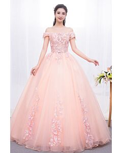 Peach Blossom Empress — Off-Shoulder Floral Ball Gown