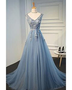 Moonlit Cornflower — Floral-Bodice Evening Gown