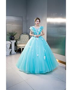 Celestial Wave – Dreamy Blue Tulle Ball Gown with Flower Accents