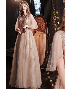 Champagne Petal Fairy — Flutter-Sleeve Sequin Tulle Gown