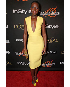 Lupita Nyong鈥檕 Inspired Short Yellow Plunging V-neck Cocktail Party Celebrity Dress