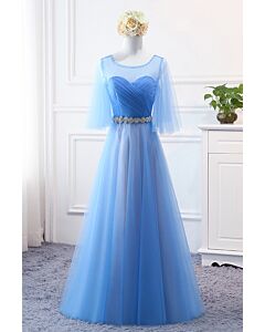 Azure Whisper Flutter-Sleeve Tulle Gown