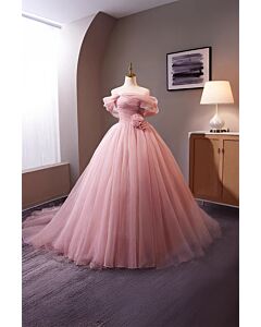 Blushing Petal – Off-Shoulder Tulle Ball Gown with Floral Waist Accent