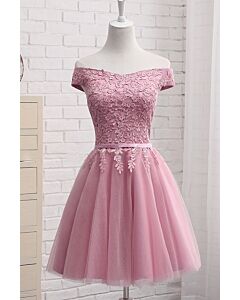 Blush Petal Off-Shoulder Lace Tulle Dress