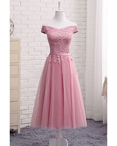 Blush Blossom Off-Shoulder Lace Tea-Length Dress