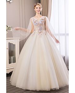 Champagne Enchanted Blossom Cape Ball Gown