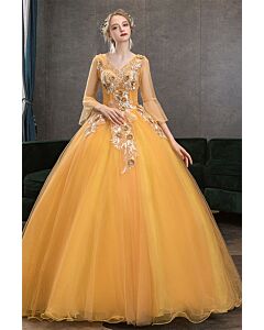 Golden Marigold Embroidered Tulle Ball Gown