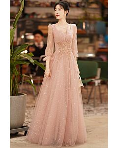 Blush Stardust Puff-Sleeve Tulle Gown