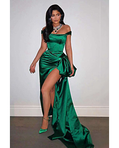 Kylie Jenner Green Off-the-Shoulder Satin Formal Dress with Slit Christmas 2019