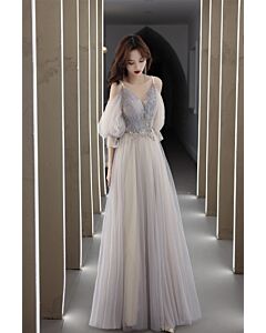 Silver Mist Off-Shoulder Puff-Sleeve Tulle Gown