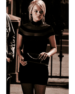 Margot Robbie Inspired Little Black Dress in The Wolf of Wall Street – Elegant Sheath Silhouette with Illusion High Neck and Knee-Length Design