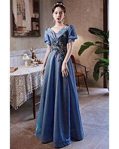Sapphire Aurora Iridescent Puff-Sleeve Gown