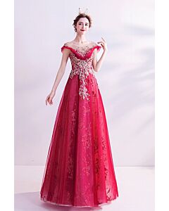 Ruby Gilded Blossom Off-Shoulder Tulle Gown