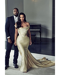 Kim Kardashian Champagne Off-the-shoulder Satin Dress Diddy Birthday Party