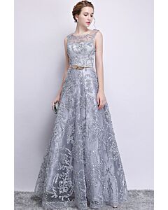 Platinum Filigree Lace Belted Evening Gown