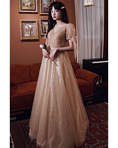 Champagne Starlight Puff-Sleeve Tulle Gown