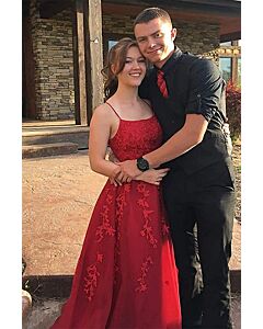 Scarlet Vine Spaghetti-Strap Lace Gown