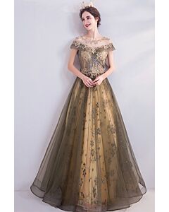 Olive Champagne Gilded Blossom Off-Shoulder Gown