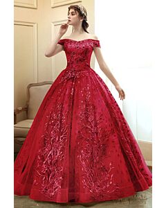 Crimson Rose Garden Off-Shoulder Tulle Ball Gown