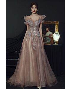 Smoky Rose Crystal Vine Illusion Tulle Gown