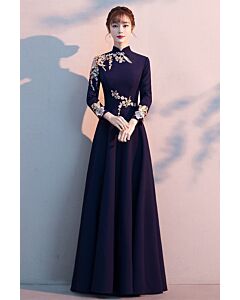 Midnight Peony Embroidered Mandarin-Collar Gown