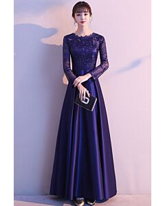 Sapphire Lace Long-Sleeve Satin Evening Gown