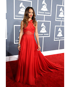 Rihanna Red Chiffon Long Formal Prom Celebrity Dress Grammys 2013