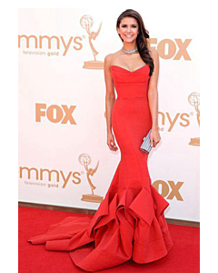 Nina Dobrev Red Strapless Mermaid Satin Formal Prom Dress Emmys 2011