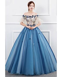 Ocean Blossom Off-Shoulder Tulle Ball Gown