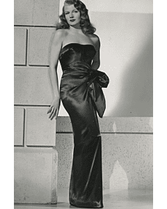 Rita Hayworth Inspired Black Satin Evening Gown in Gilda – Glamorous Strapless Dress with Long Gloves and Vintage Hollywood Charm