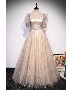 Champagne Starfall Puff-Sleeve Tulle Gown
