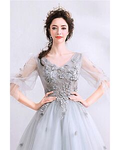 Silver Mist 3D Blossom Illusion Tulle Gown
