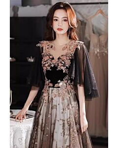 Midnight Rose Velvet Illusion Flutter-Sleeve Tulle Gown