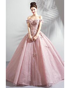Rose Quartz Blossom Off-Shoulder Lace Ball Gown