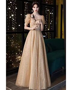 Champagne Opulence Puff-Sleeve Brocade Gown