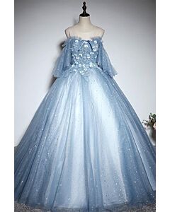 Ice Blue Stardust Blossom Off-Shoulder Ball Gown